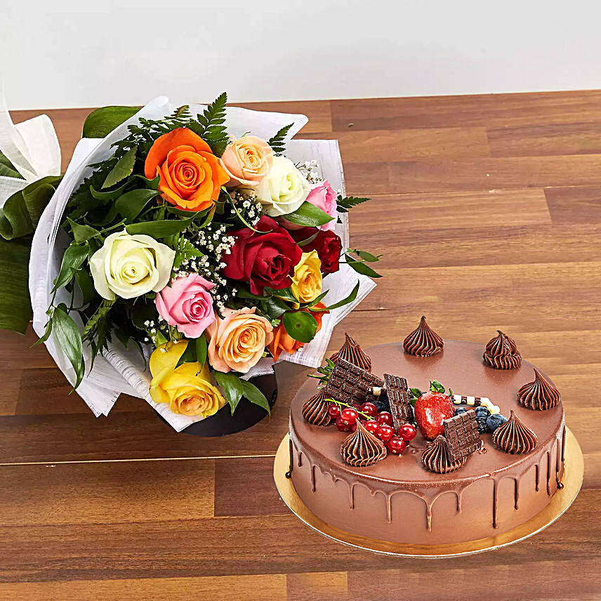 Dozen Multi Roses With Fudge Cake:Gift Delivery in Bahrain