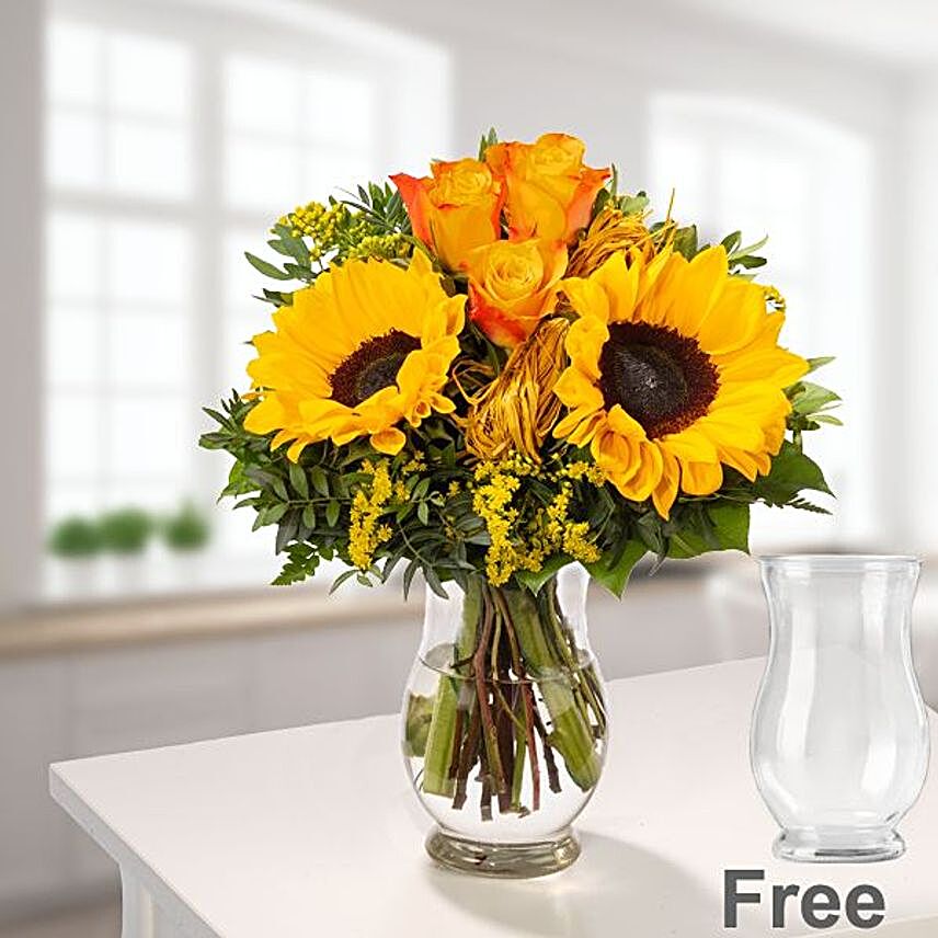 Blooming Orange Roses And Sunflowers Vase