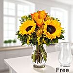 Blooming Orange Roses And Sunflowers Vase