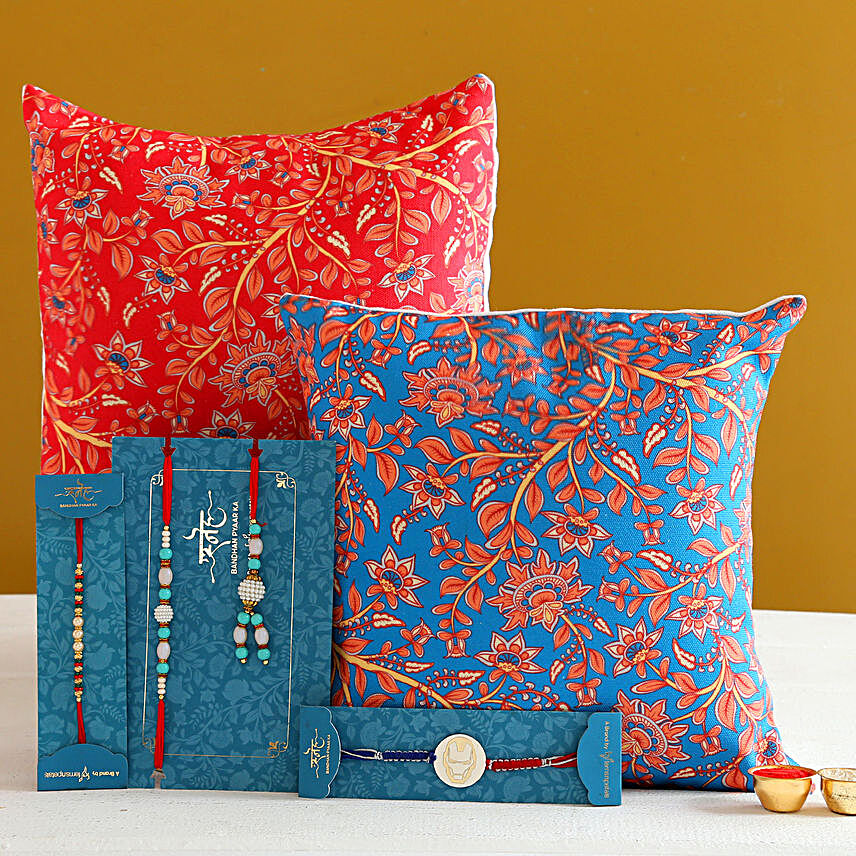 Family Rakhi Set With 2 Floral Print Cushions