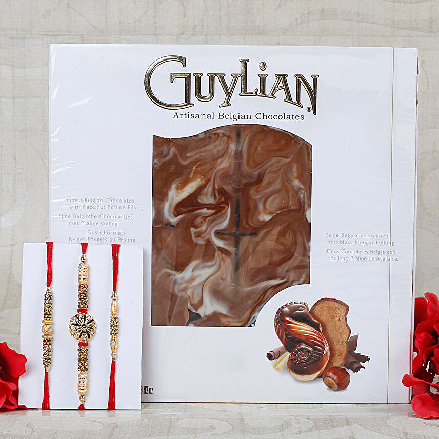 Three Goleden Crafted Rakhi Set with Belgian Chocolates