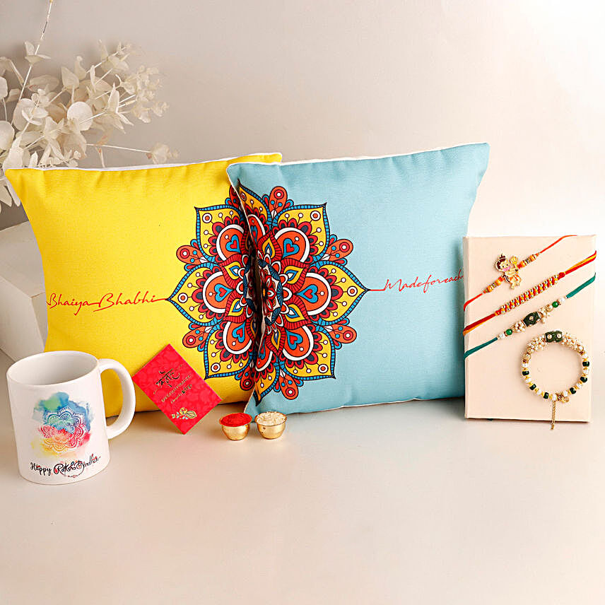 Sneh Enchanting Family Rakhi Set With Rakshabandhan Cushions & Mug:Set of 4 Rakhi to Canada