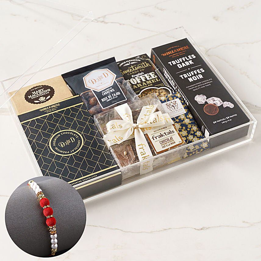 Sneh Pearl & Velvet Beads Rakhi With Delectable Treats Box