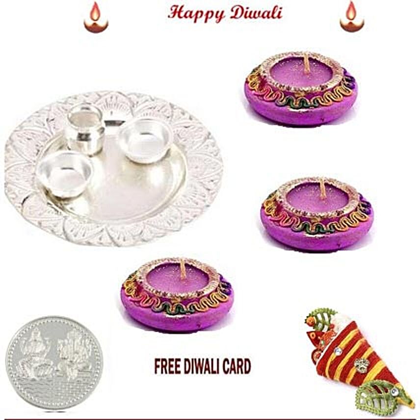 Silver thali with 3 Diya Set