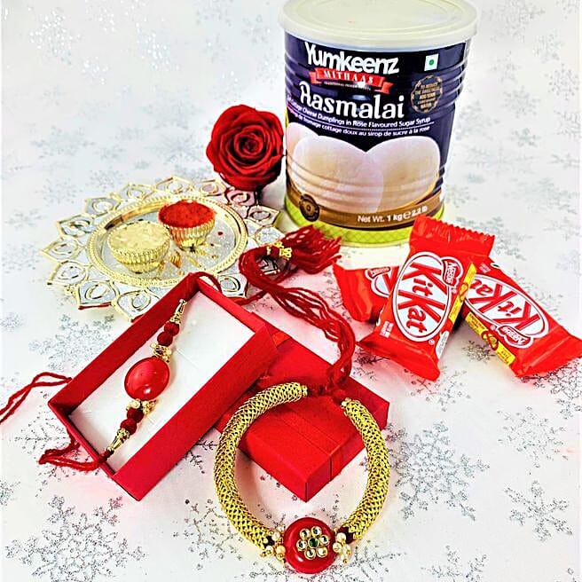 Silver Flower Pooja Thali And Bhaiya Bhabhi Rakhi Combo canada Gift