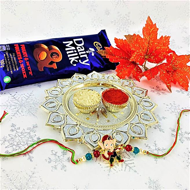 Silver Flower Pooja Thali With Kids Rakhi Combo canada Gift Silver