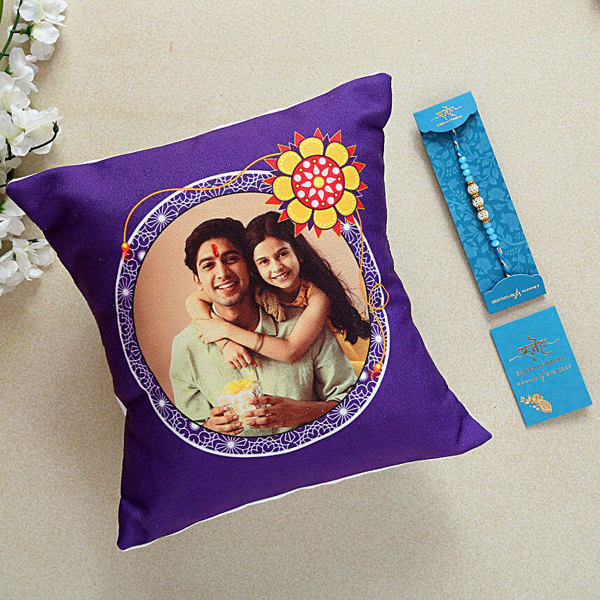 Sea Blue Pearl Rakhi And Personalised Cushion:Rakhi With Personalised Gifts to Canada