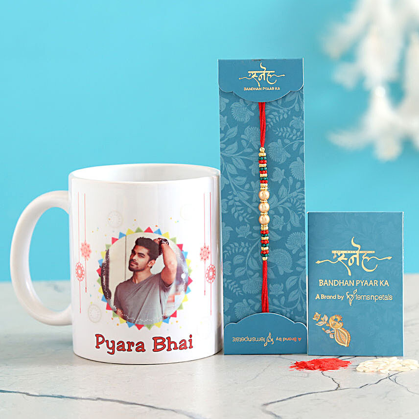 Pearl Rakhi And Personalised Mug Combo:Rakhi With Personalised Gifts to Canada