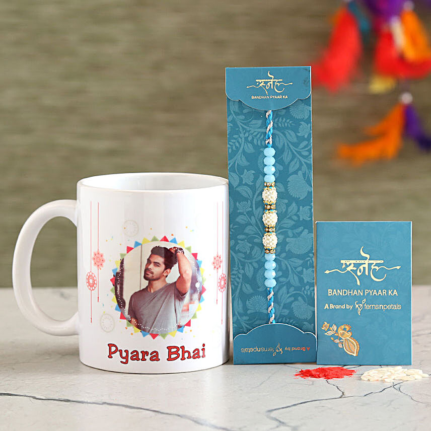 Sea Blue Pearl Rakhi And Personalised Mug Combo:Rakhi With Personalised Gifts to Canada
