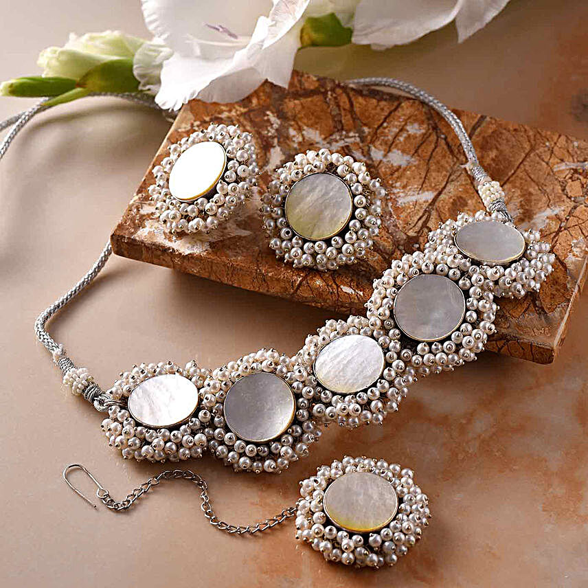 Silver Oxidised Mother Of Pearl Necklace:Rakhi Gifts for Sister in Canada