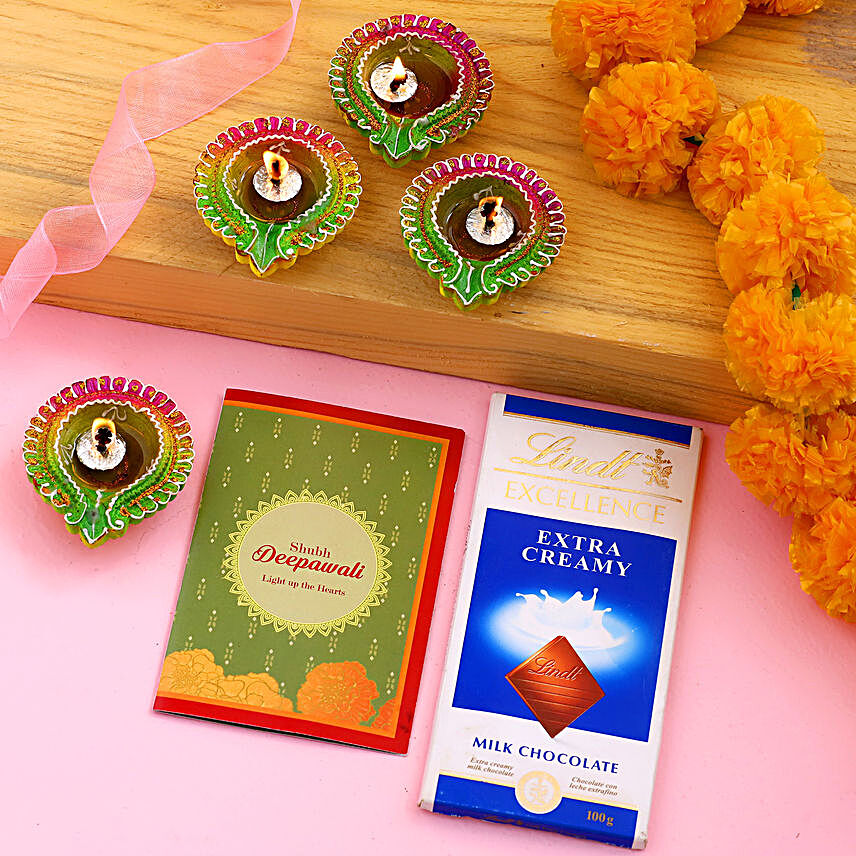 Diwali Special Floral Diyas With Greeting Card And Lindt:Diwali Gift Delivery Canada