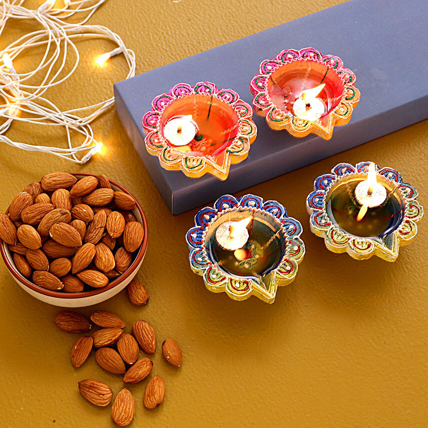 Set Of 4 Multicoloured Diyas With Almonds:Send Diwali Gifts to Canada