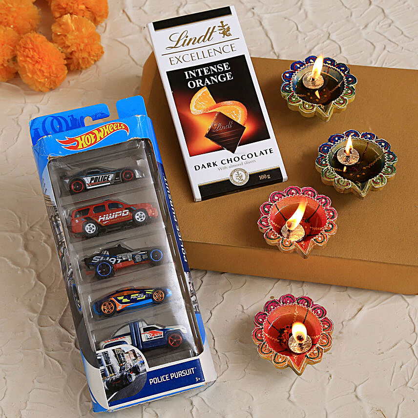 Beautiful Handpainted Diyas With Hot Wheels And Lindt