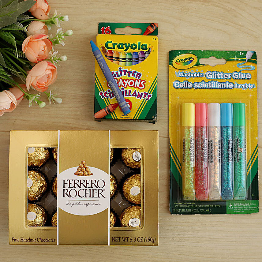 Ferrero Rocher With Crayola Glitter Crayons And Glue:Send Birthday Chocolates to Canada