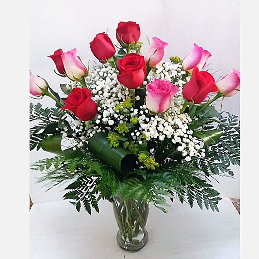 Delightful Pink And Red Roses Vase
