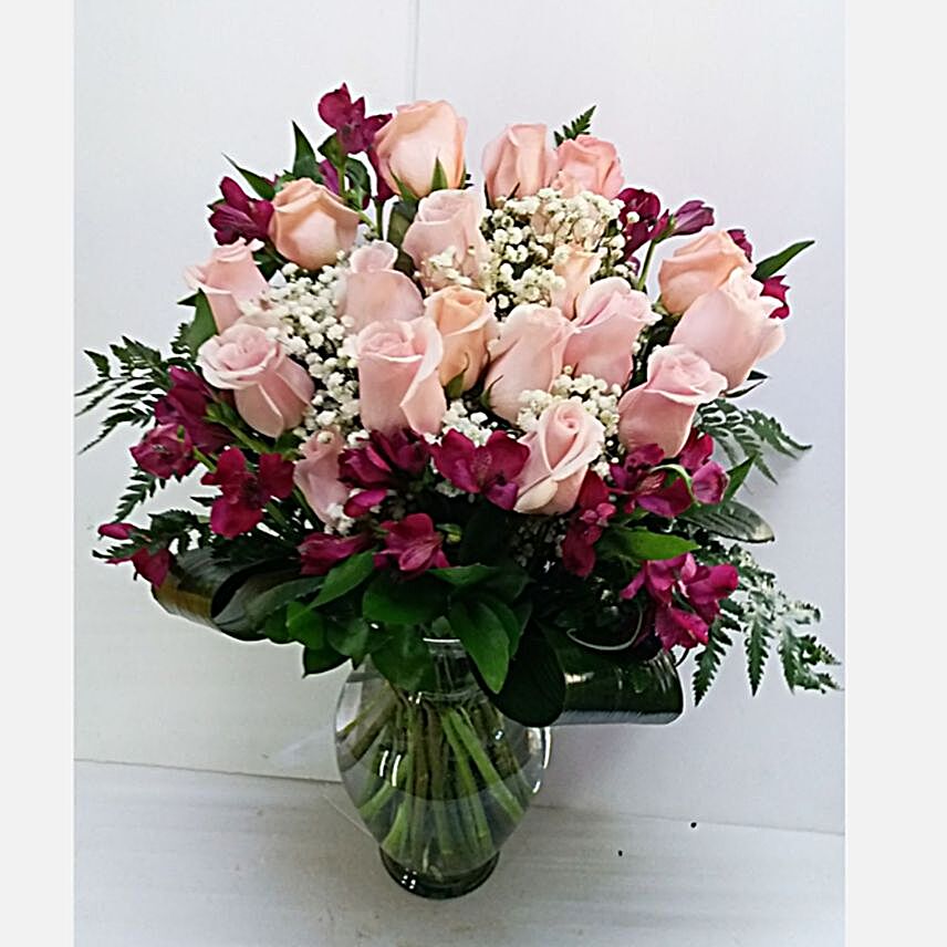 Pink Roses And Lavender Alstroemeria Vase