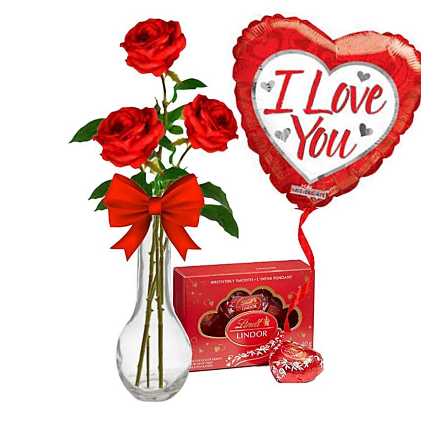Red Roses With Love U Balloon And Lindt Chocolates