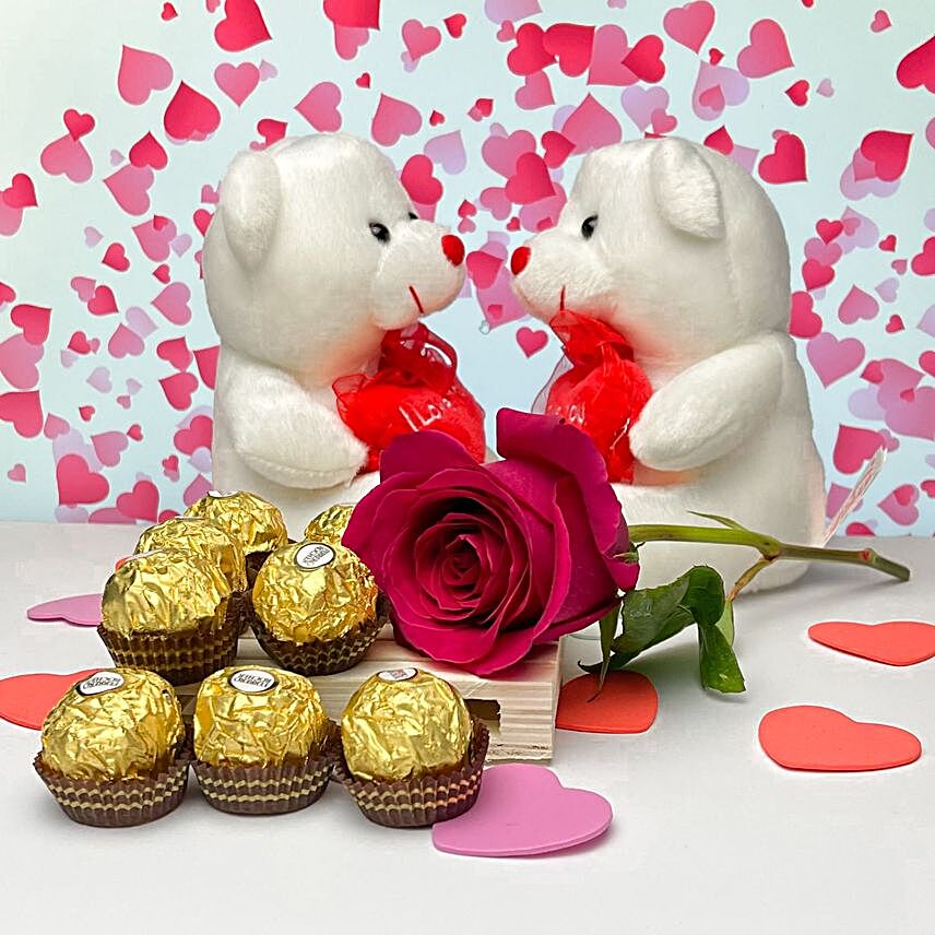 Valentines Special Teddy With Chocolates And Rose
