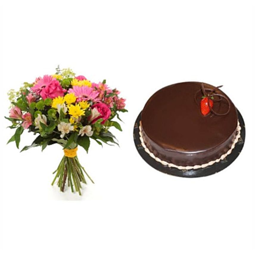 Scrumptious Chocolate Cake And Mixed Flowers Bouquet