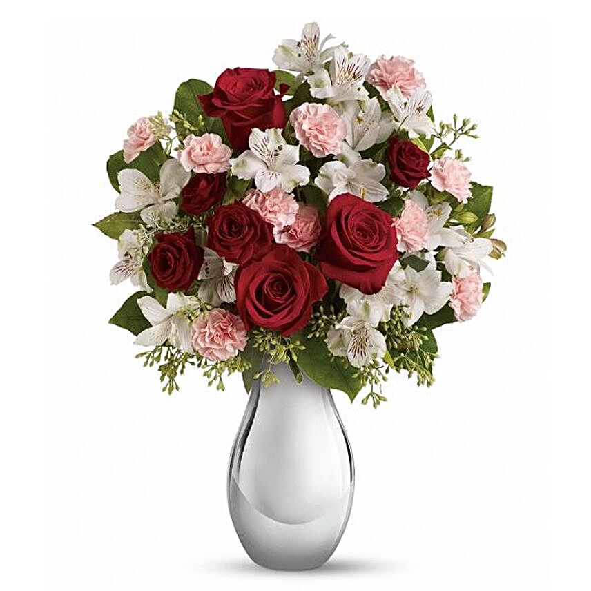 Delightful Red Roses And Pink Carnations Bouquet