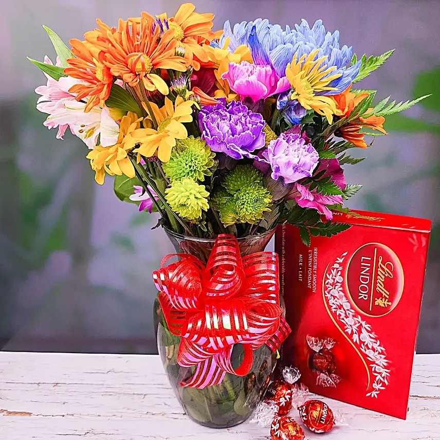 Blooming Mixed Flowers Bouquet And Lindt Chocolate