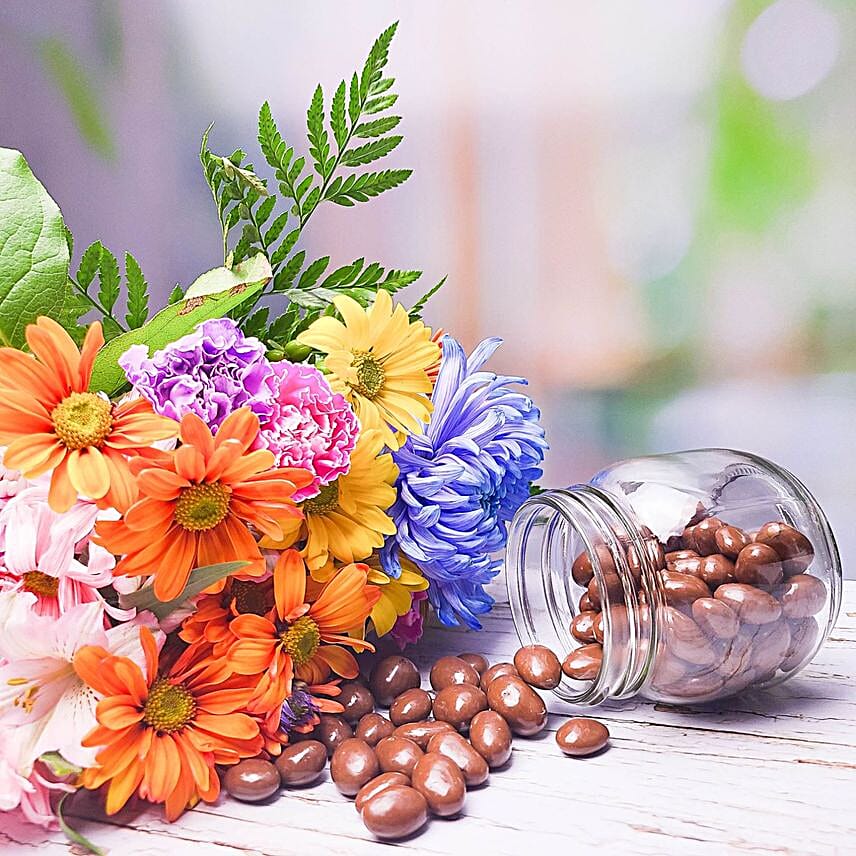 Elegant Mixed Flowers Bouquet And Choco Almonds