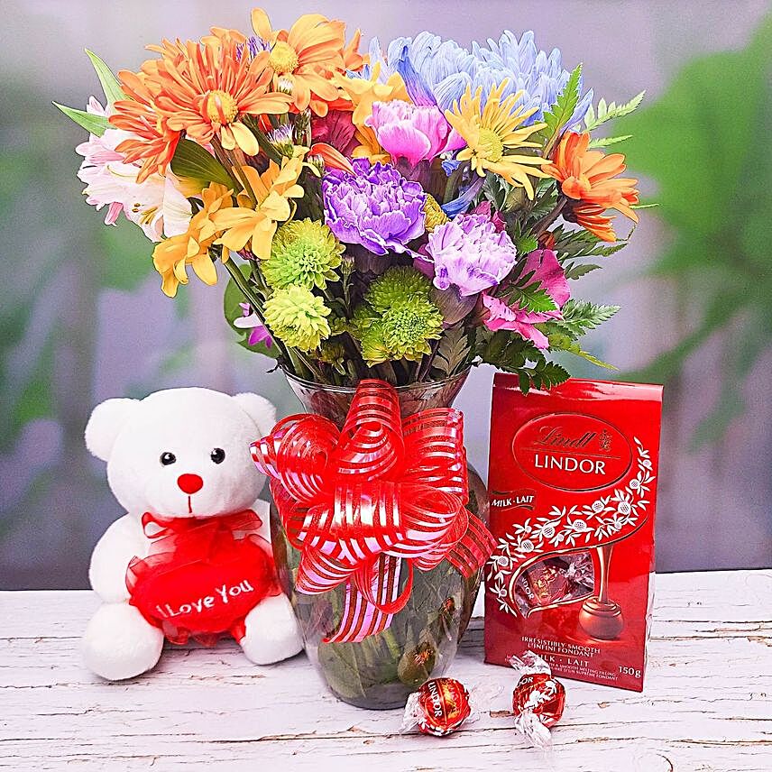 Mixed Flowers Bouquet With Teddy And Lindt:Teddy Day Gifts to Canada