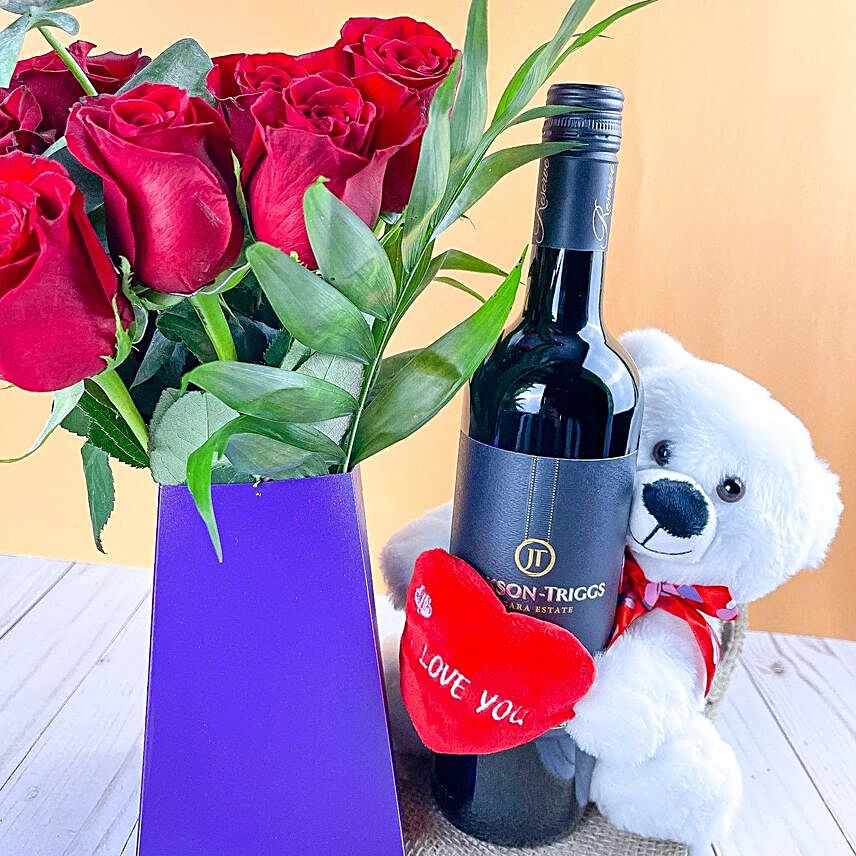 Ravishing Red Roses Bunch With Red Wine And Teddy:congratulations