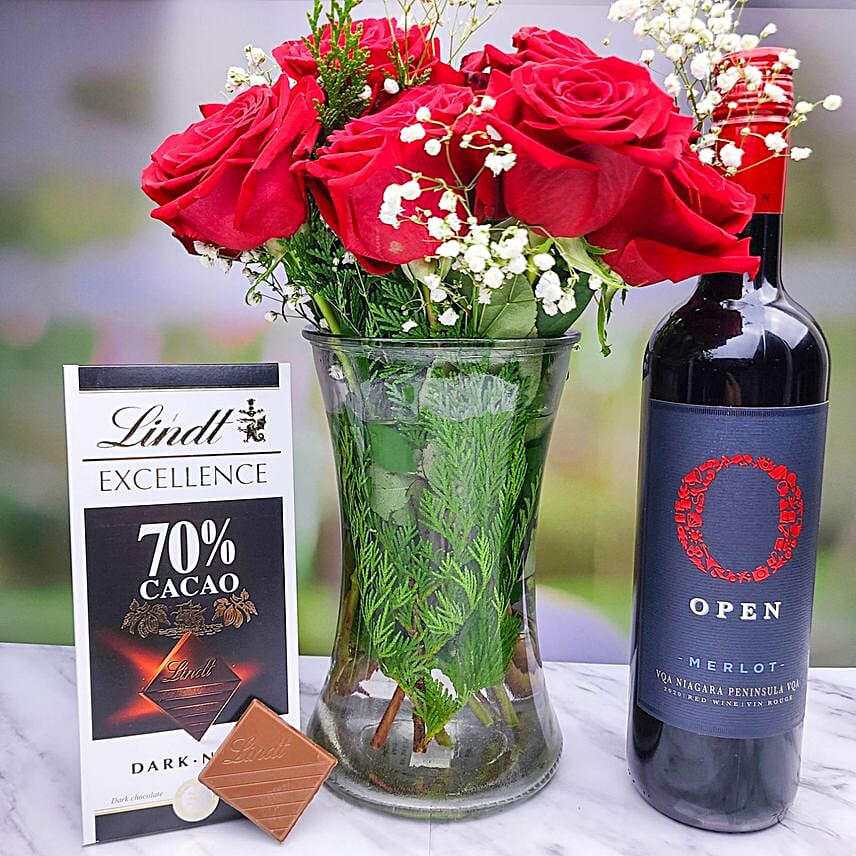 Red Roses Bunch With Lindt And Red Wine