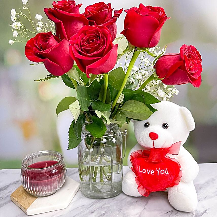 Red Roses Bunch With Teddy And Aroma Candle:Valentine Gift Combo to Canada