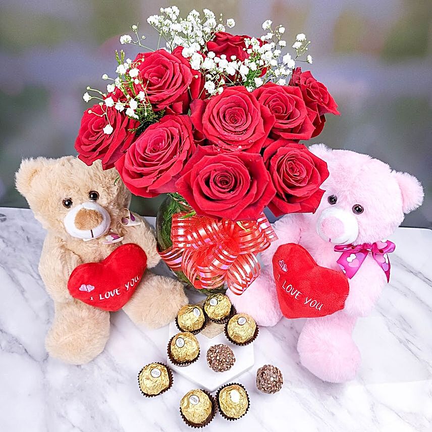 Red Roses Bunch With Teddy Bears And Ferrero Rocher