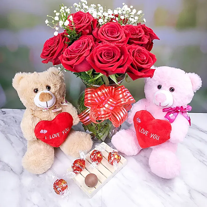 Red Roses Bunch With Teddy Bears And Lindt:Send Teddy Day Gifts to Canada