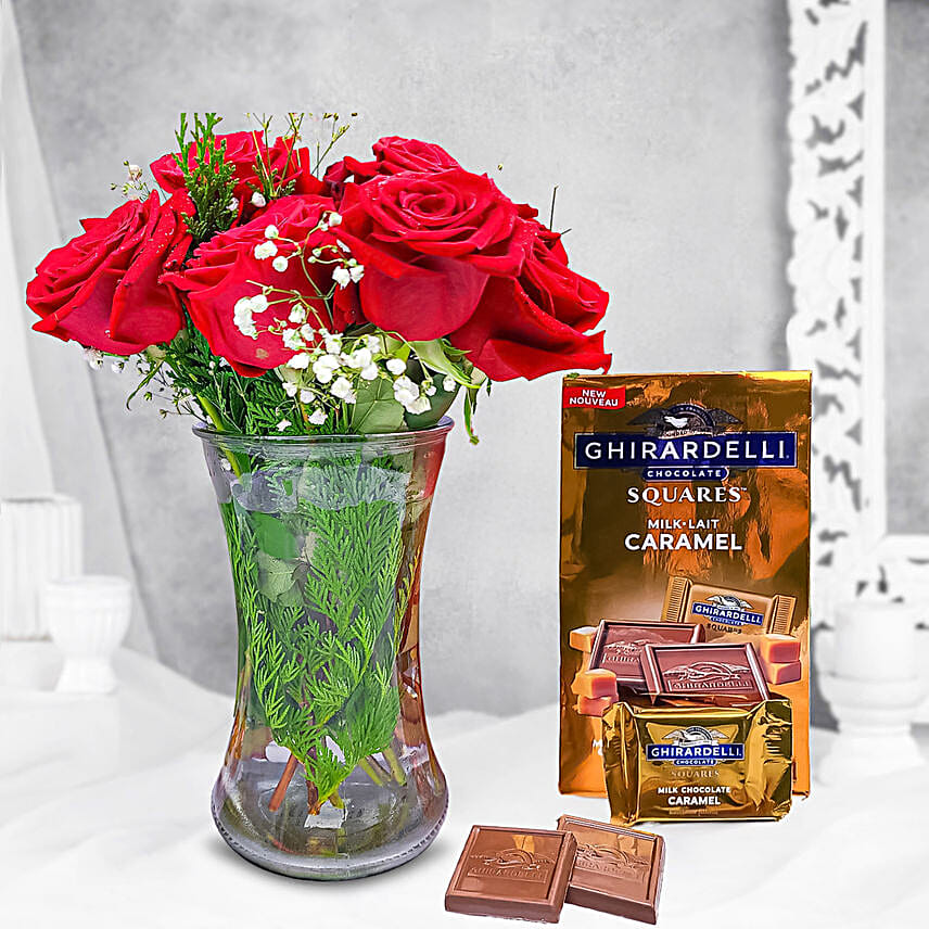 Romantic Red Roses Bouquet And Ghirardelli Chocolate