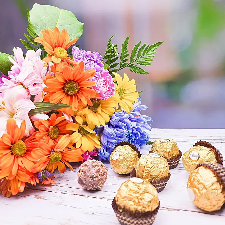 Vibrant Mixed Flowers Bouquet And Ferrero Rocher