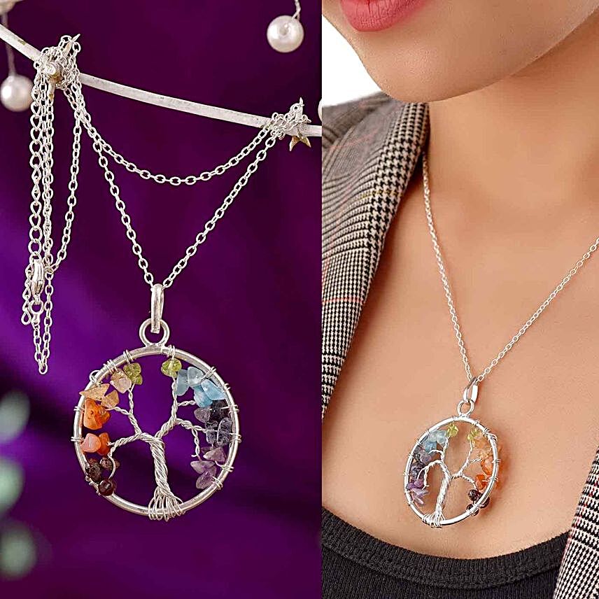 Dazzling Gems Stones Tree Of Life Pendant And Chain Set:Artificial Jewellery Gifts to Canada