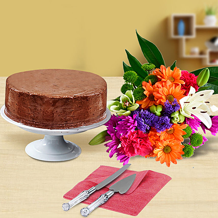 Mixed Flowers And Chocolate Cake:Cake Delivery in Canada