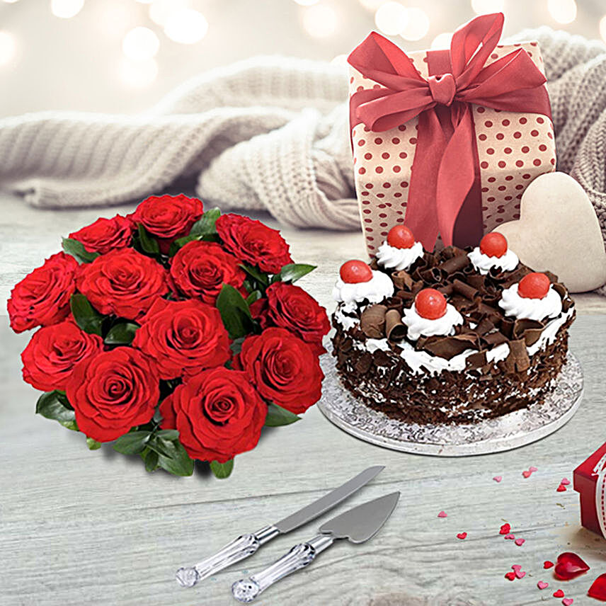 Red Roses Bouquet And Black Forest Cake:Canada Cake