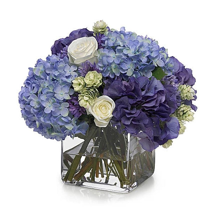 Blue Hydrangeas And White Flowers Vase