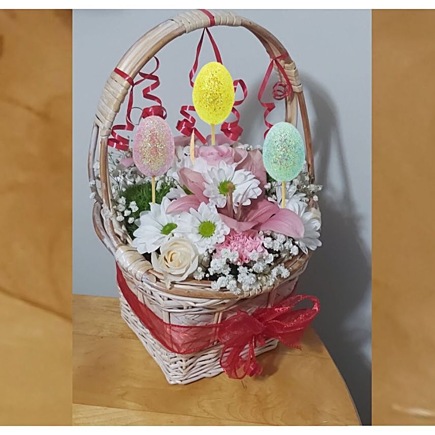 Easter Eggs And Flowers Basket