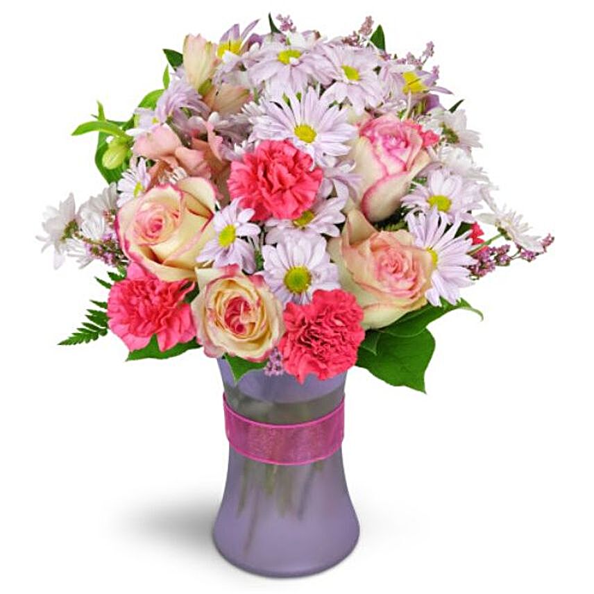Delightful Mixed Flowers Purple Vase