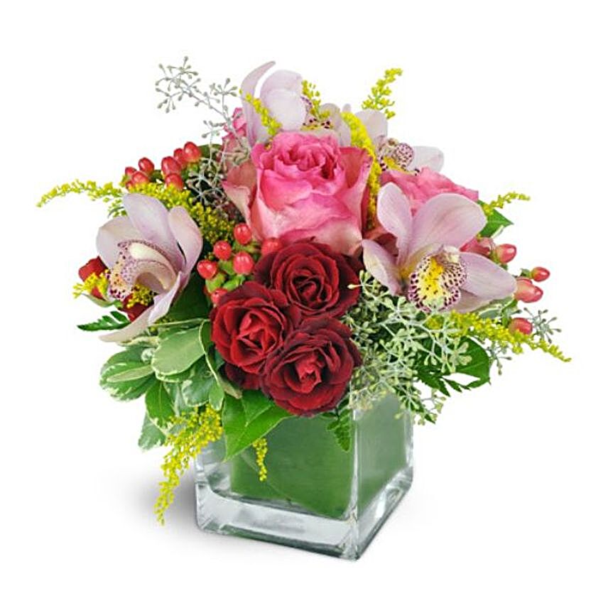 Orchids And Mixed Roses Arrangement