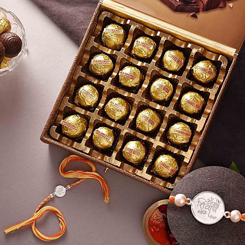 Om Namah Shivay Silver Rakhi And Chocolates:Single Rakhi to Canada