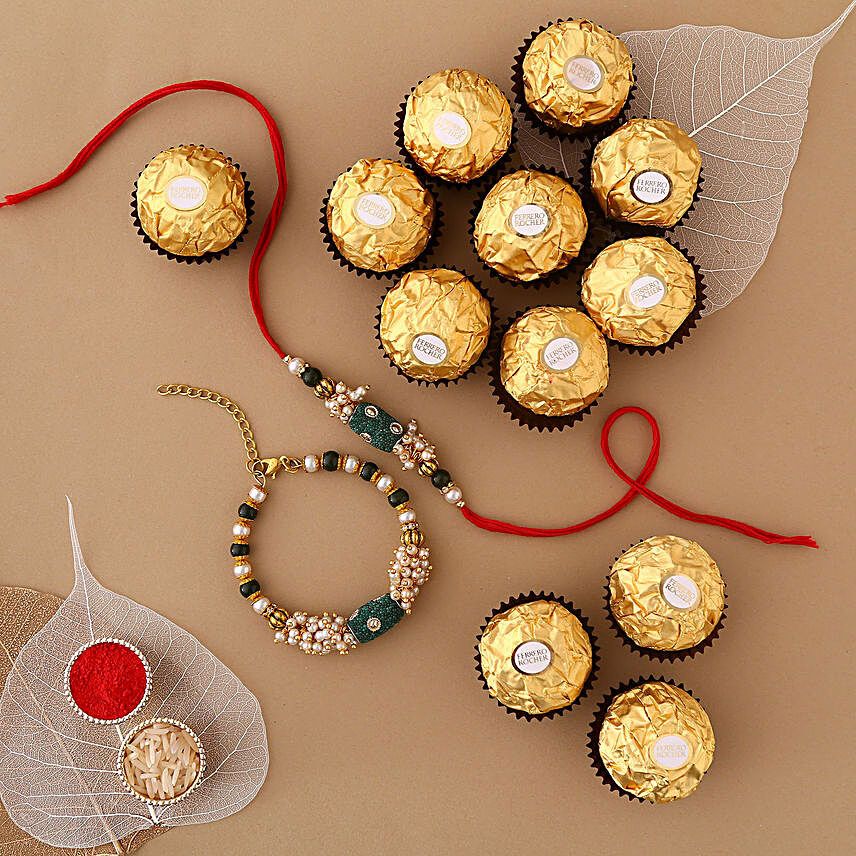 Sneh Pearl Bhaiya Bhabhi Rakhi & Ferrero Rocher Box:Pearl Rakhi to Canada