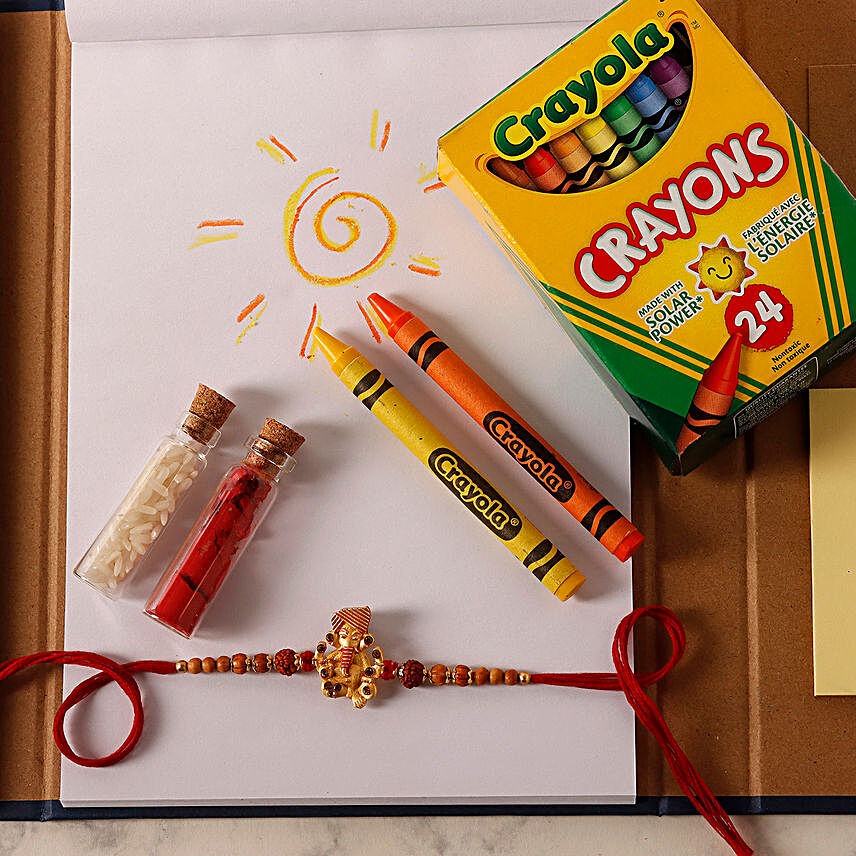 Sneh Antique Ganesha Rakhi & Crayola Set:Rakhi Combos to Canada