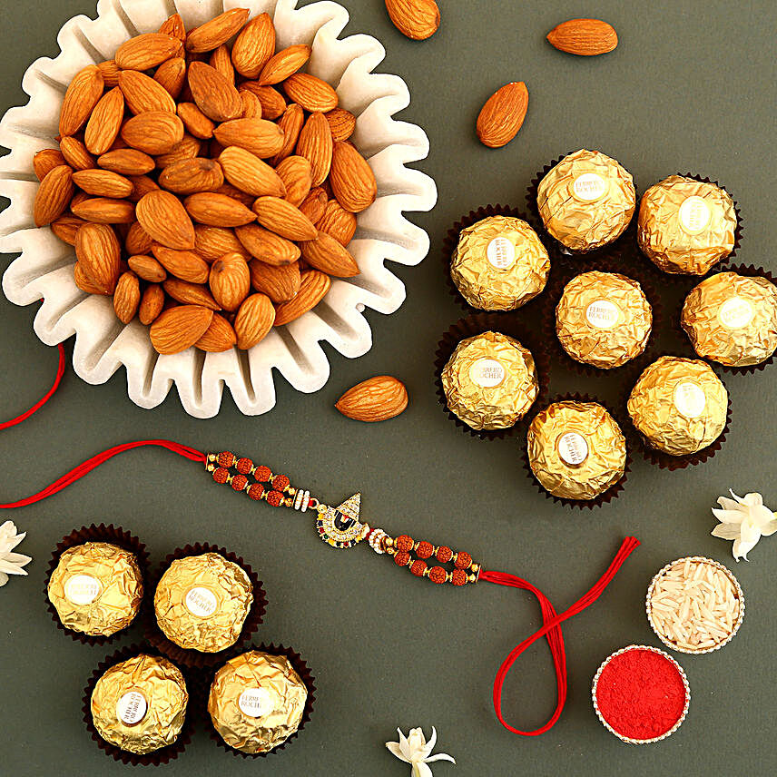 Sneh Balaji Rakhi With Almonds & Ferrero Rocher:Rakhi and Dryfruits to Canada