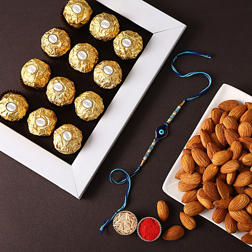 Sneh Blue Evil Eye Rakhi With Almonds & Ferrero Rocher:Rakhi with Dry Fruits to Canada