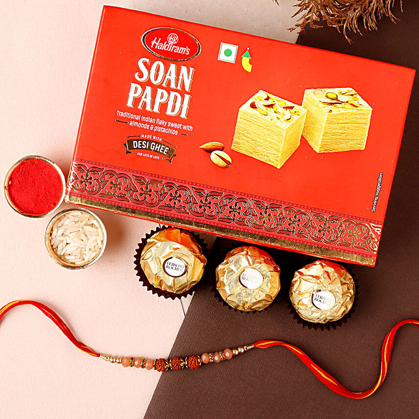 Sneh Classy Rakhi With Soan Papdi & Ferrero Rocher:Rakhi with Chocolates to Canada