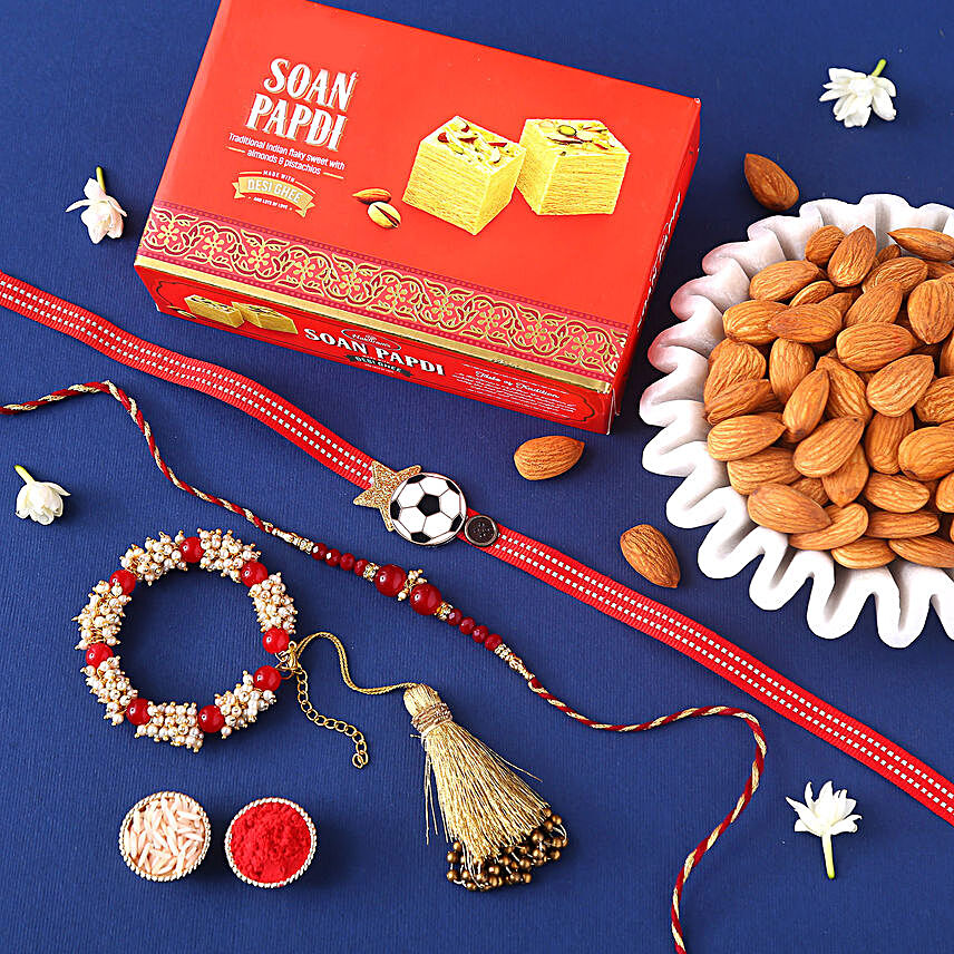 Sneh Family Rakhi Set With Soan Papdi & Almonds:Set of 3 Rakhi in Canada