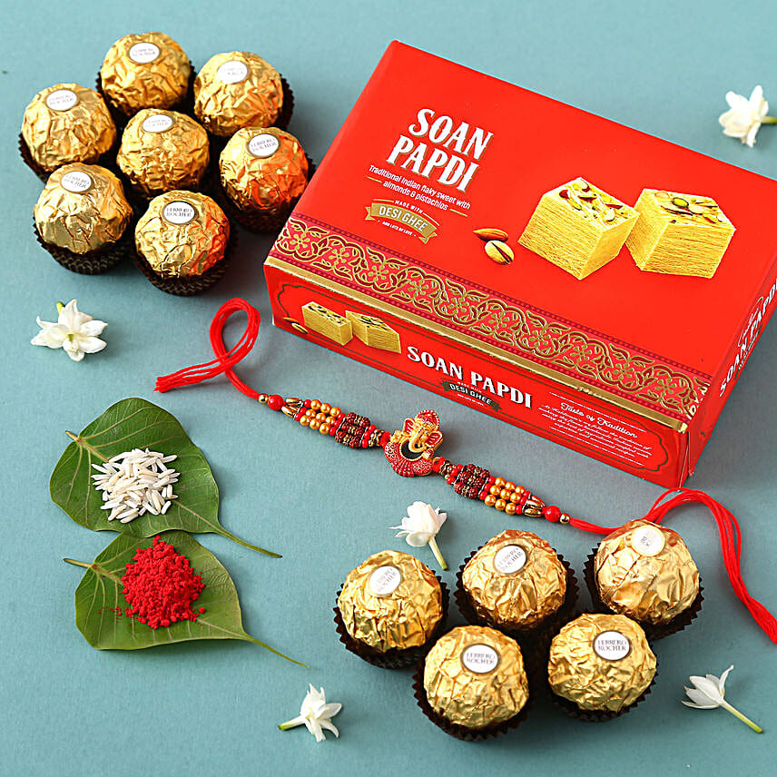 Sneh Gold Ganesh Rakhi With Soan Papdi & Ferrero Rocher ...