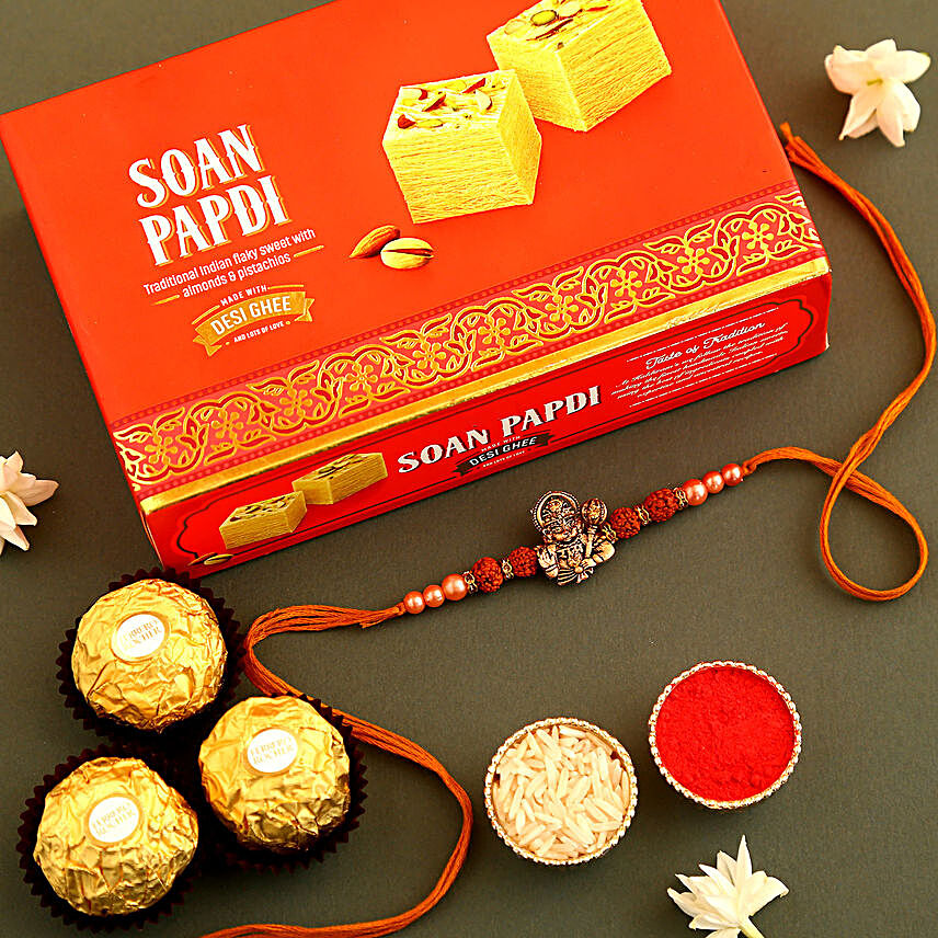 Sneh Hanuman Rakhi With Soan Papdi & Ferrero Rocher:Rakhi with Sweets to Canada